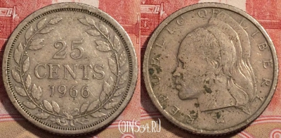 Либерия 25 центов 1966 года, KM# 16a.1, 222-021