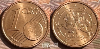 Литва 1 евроцент 2017 года, KM# 205, UNC, s509s-003