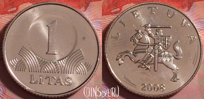 Литва 1 лит 2008 года, KM# 111, UNC, 283j-012