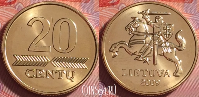 Литва 20 центов 2009 года, KM# 107, UNC, 283j-011