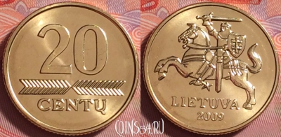Литва 20 центов 2009 года, KM# 107, UNC, 283j-130