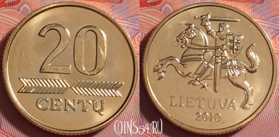 Литва 20 центов 2010 года, KM# 107, UNC, 283j-022