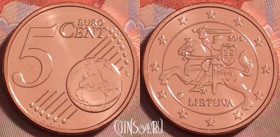 Литва 5 евроцентов 2015 года, KM# 207, UNC, 116k-076