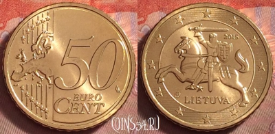 Литва 50 евроцентов 2015 года, KM# 210, UNC, 116k-012