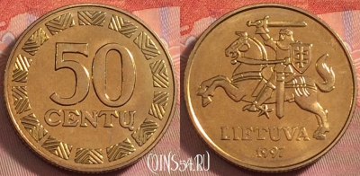 Литва 50 центов 1997 года, KM# 108, UNC, 106k-039