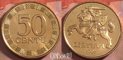Литва 50 центов 1997 года, KM# 108, UNC, 106k-104