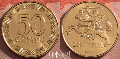 Литва 50 центов 1997 года, KM# 108, UNC, 107k-096