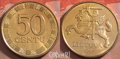 Литва 50 центов 1997 года, KM# 108, UNC, 107k-099