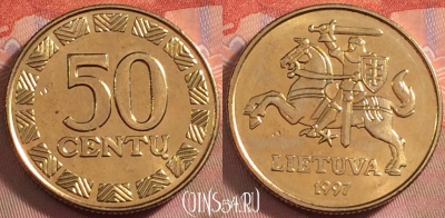 Литва 50 центов 1997 года, KM# 108, UNC, 108k-034