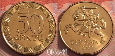 Литва 50 центов 2000 года, KM# 108, UNC, 105k-126