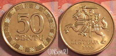 Литва 50 центов 2000 года, KM# 108, UNC, 105k-135
