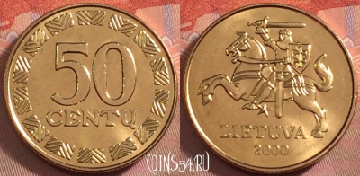 Литва 50 центов 2000 года, KM# 108, UNC, 105k-141