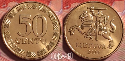 Литва 50 центов 2000 года, KM# 108, UNC, 283j-134
