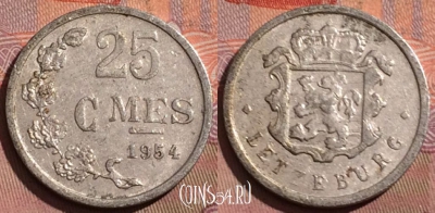Люксембург 25 сантимов 1954 года, KM# 45a, 223b-121