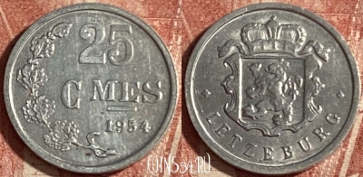 Люксембург 25 сантимов 1954 года, KM# 45a, 241p-138 ♛