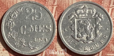 Люксембург 25 сантимов 1954 года, KM# 45a, 253p-109