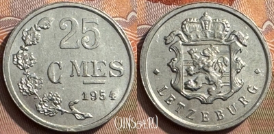 Люксембург 25 сантимов 1954 г., KM# 45a, 258s-057 ♛