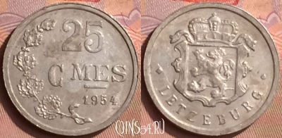 Люксембург 25 сантимов 1954 года, KM# 45a, 444-021