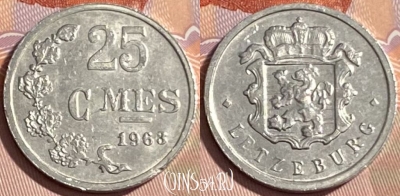 Люксембург 25 сантимов 1963 года, KM# 45a, 479р-016