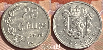 Люксембург 25 сантимов 1963 года, KM# 45a, 479р-114