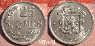 Люксембург 25 сантимов 1968 года, KM# 45a, 115d-110