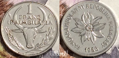 Мадагаскар 1 франк 1986 года, KM# 8, 132-120