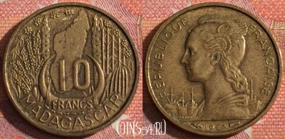 Мадагаскар 10 франков 1953 года, KM# 6, 357-080