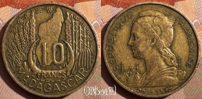 Мадагаскар 10 франков 1953 г., KM# 6, 371s-102 ♛