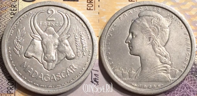 Французский Мадагаскар 2 франка 1948 года, KM# 4, a060-046