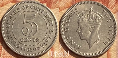 Малайя британская 5 центов 1950 года, KM# 7, 468q-494 ♛