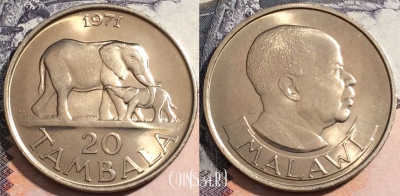 Малави 20 тамбал 1971 года, KM# 11, UNC, 171-142