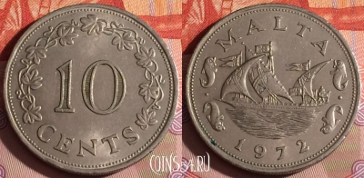 Мальта 10 центов 1972 года, KM# 11, 339-013