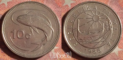 Мальта 10 центов 1986 года, KM# 76, 103i-128