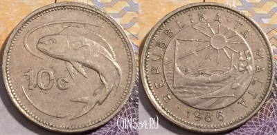 Мальта 10 центов 1986 года, KM# 76, a102-023