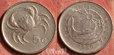 Мальта 5 центов 1986 года, KM# 77, 402-041