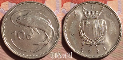 Мальта 10 центов 1991 года, KM# 96, 105g-067