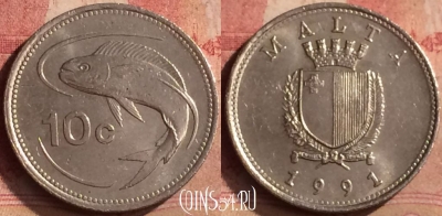 Мальта 10 центов 1991 года, KM# 96, 139m-063