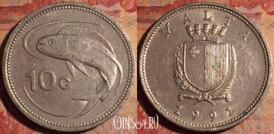 Мальта 10 центов 1991 года, KM# 96, 170a-128