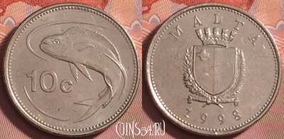 Мальта 10 центов 1998 года, KM# 96, 186k-048