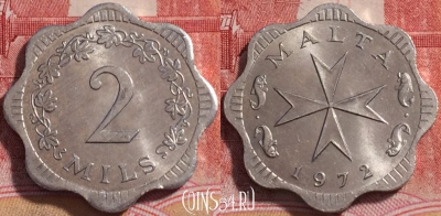 Мальта 2 милс 1972 года, KM# 5, 254-135