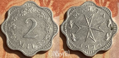 Мальта 2 милс 1972 года, KM# 5, 463q-650 ♛