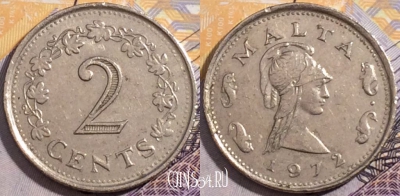 Мальта 2 цента 1972 года, KM# 9, 193-015