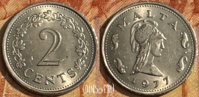Мальта 2 цента 1977 года, KM# 9, 106t-034