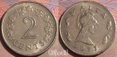 Мальта 2 цента 1977 года, KM# 9, 144b-120