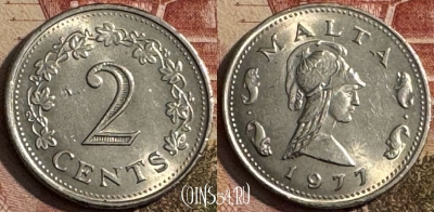 Мальта 2 цента 1977 года, KM# 9, 212s-044