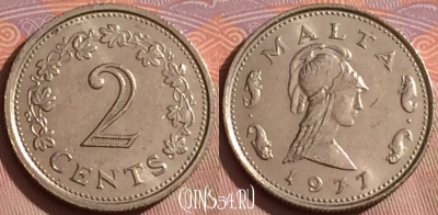 Мальта 2 цента 1977 года, KM# 9, 251k-065