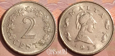 Мальта 2 цента 1977 года, KM# 9, 356k-037