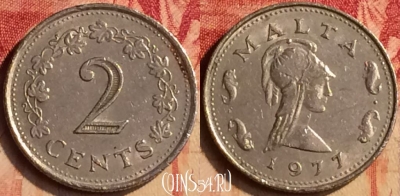 Мальта 2 цента 1977 года, KM# 9, 404-006