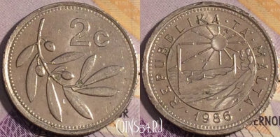 Мальта 2 цента 1986 года, KM# 79, 186a-072