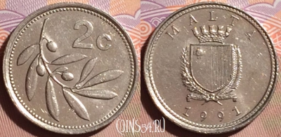 Мальта 2 цента 1991 года, KM# 94, 096g-100